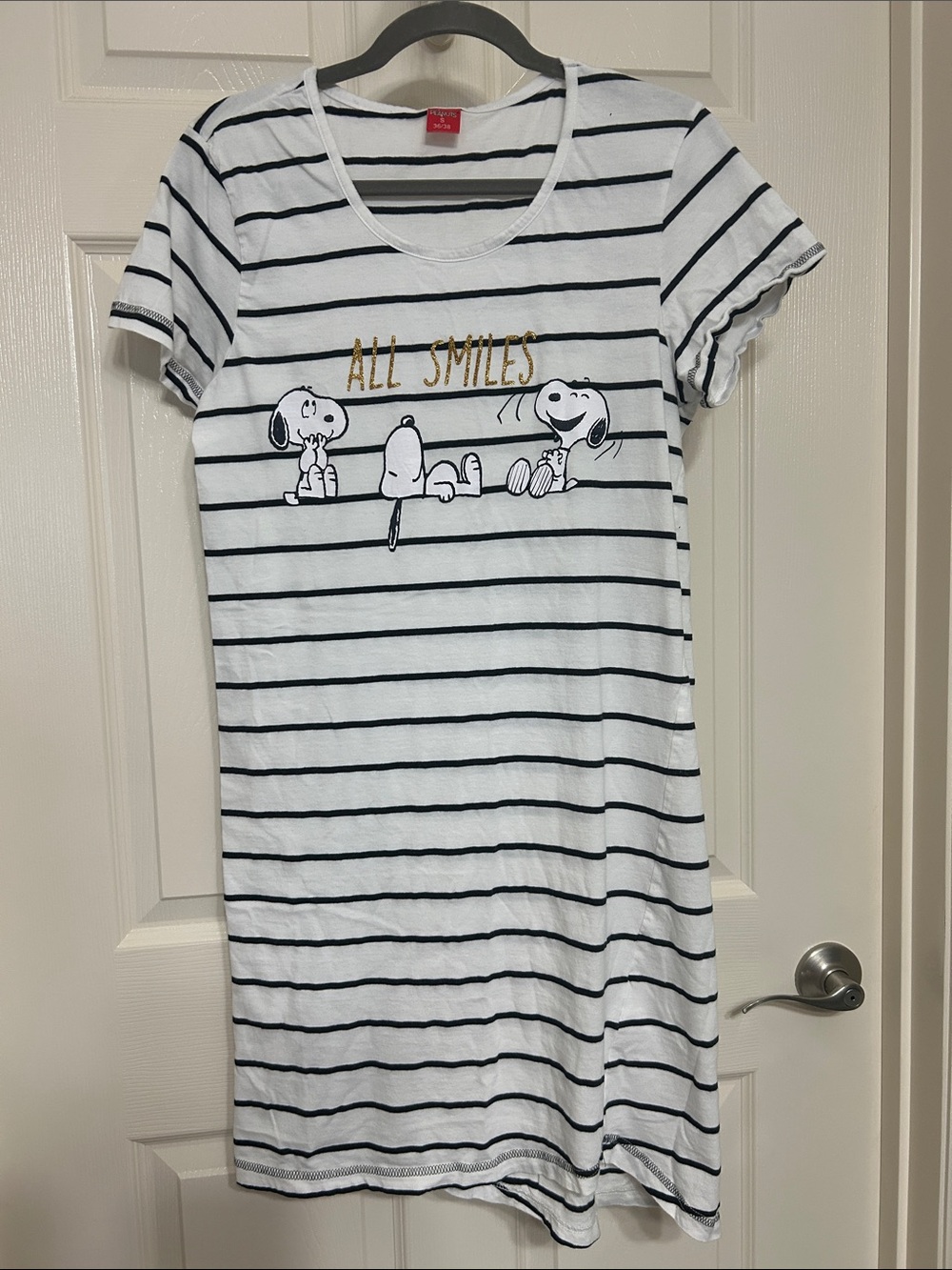 Peanuts All Smiles White Black Striped Nightgown Tee Shirt Dress PJs
